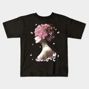 Floral lady, cute girl and pink flowers, watercolor roses and butterflies, cute, anime, kawaii, seasonal Kids T-Shirt